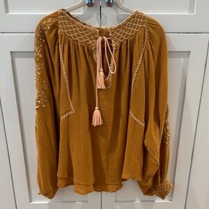 Free People Gold Mustard Boho Embroidered Blouse